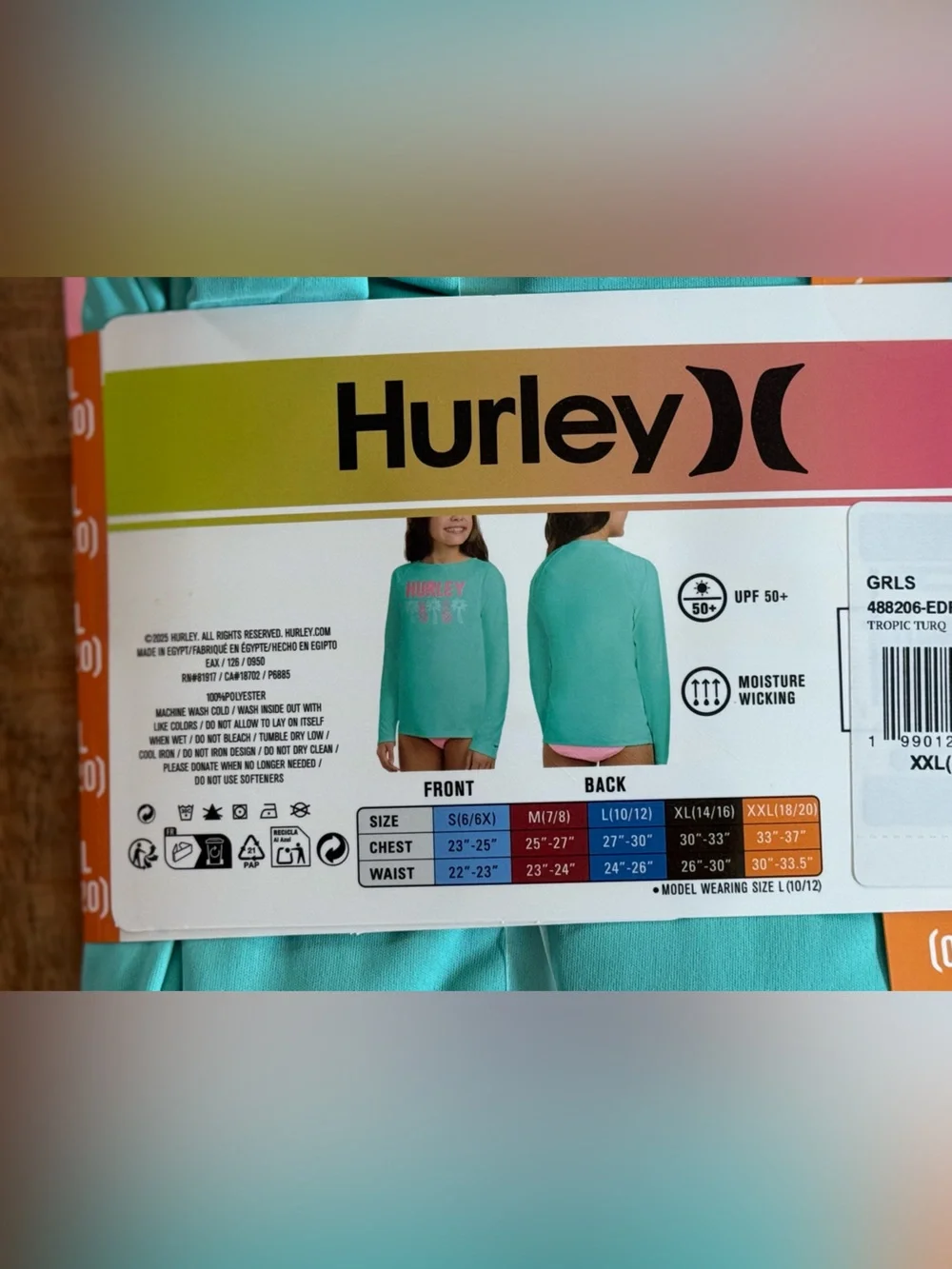 Hurley Girls XXL (18/20) Long Sleeve UPF 50+ Swim Rash Guard Top Tropical